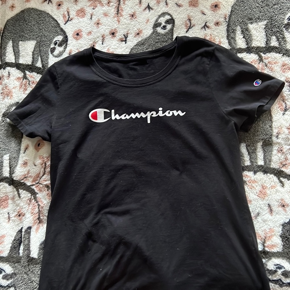 womens black champions T-shirt